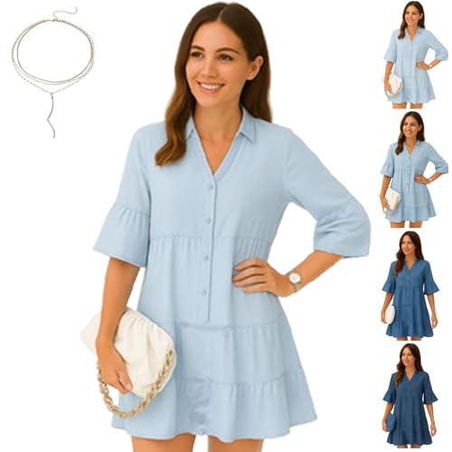 Alltoright Jeanskleid Halbarm V-Ausschnitt Rüschenbesatz Sommerkleid - Leichte atmungsaktive Jeansoptik, hellblau, L von Generisch