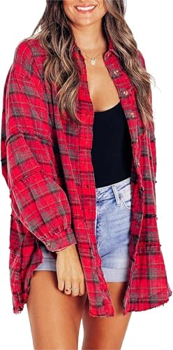 Alphabetw Flanellhemden, langärmelig, Raw Edge, Laternenärmel, Hemden, Damen, Nähte, übergroß, lose Knöpfe, kariertes Hemd, rot, XL Alphabetw Flanellhemden, langärmelig, Raw Edge, Laternenärmel, Hemden, Damen, Nähte, übergroß, lose Knöpfe, kariertes Hemd, rot, XL von Generisch