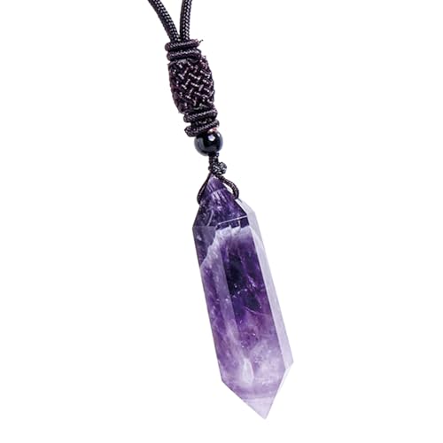 Amethyst Kristalle Kette | Sechseckiger Anhänger mit polierten Edelsteinen | Einstellbares schwarzes Lederseil, Reiki Heilung Schmuck, Unisex Halskette für Damen Herren von Generisch