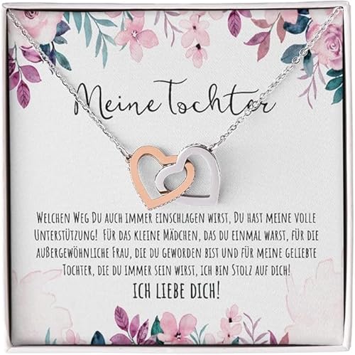 An meine Tochter Halskette mit personalisierter Karte & LED Box Doppelherz Kette mit Zirkonia & Ohrringen zum Geburtstag Weihnachten (Standard Box - Rosé Gold) von Generisch