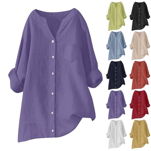 Angebote Kleidung Must Haves Bluse Damen Langarm Elegant Sommer V-Ausschnitt Leinenhemd Henley Hemdbluse Locker Leinen Blusen Langarmshirt Oberteile Tunika Longshirt Tagesangebote Heute von Generisch