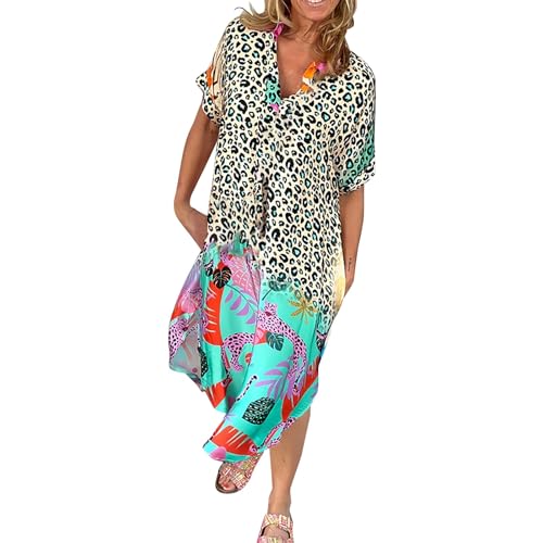 Angebote Kleidung Sommerkleid Damen Leicht Lang 2025 Atmungsaktiv V-Ausschnitt Gedruckt Lose Kleid Frauen Boho Casual Leopard Print Kurzarm Flowy Blusenkleid Damen Winter Mein Konto Anzeigen Deutsch von Generisch