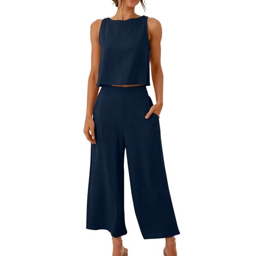 Angebote des Tages Heute,Hosenanzug Damen Sommer Musselin Zweiteiler Tank Top und Hose 2 Teiler Elegant Hosenanzüge Baumwolle Leinen Jogginganzug Elegant Outfit Casual Anzug Leich Luftig Freizeitanzug von Generisch