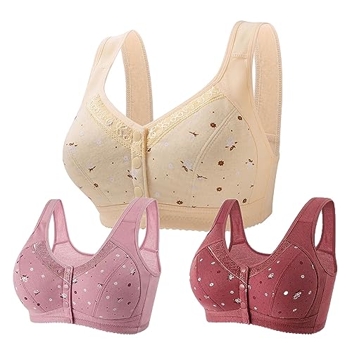 3er Pack Bh Damen Ohne Bügel Push up Nahtloser Bh mit Blumenmuster Vorderverschluss Atmungsaktiv Bralette Große Größen Komfort Starker Halt Klassischer Bustier Baumwolle Tshirt Bras Schwarz 4XL von Generisch
