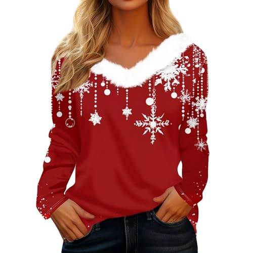 Generisch Blitze, Weihnachtsbluse Damen Schickes Longpullover Hässlicher T Shirt Pullover Weihnachten Lang Festliches Lustiger Outfit Weihnachten Damen Bekleidung Rot XXL von Generisch