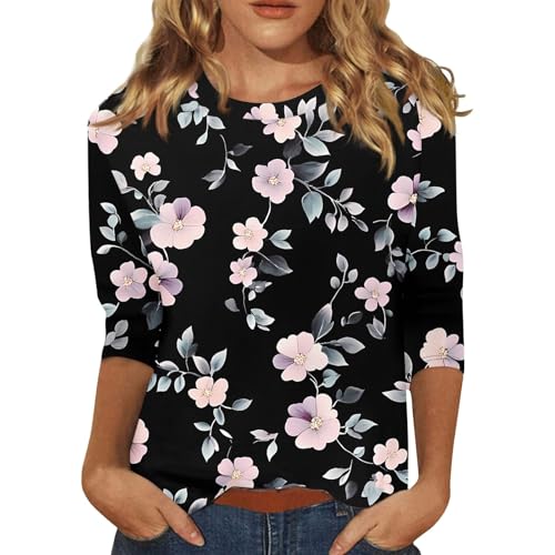 Angebote des Tages & Blitzangebote,Sport Bekleidung Frauen Shirt Langarm Damen Baumwolle Damen Bluse Mit Blumenmuster,Lässige 3/4 Ärmel Weiches Material Für Frühling Und Sommer （Schwarz，XXL） von Generisch