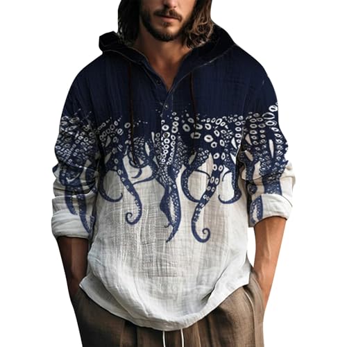 Angel-Shirts für Herren, Baumwoll-Leinen-Hoodies, Hemden, Hals, lange Ärmel, Kapuzen-Sweatshirt, Tunika, Pullover, Tops, T-Shirts für Herren, dunkelblau, L von Generisch