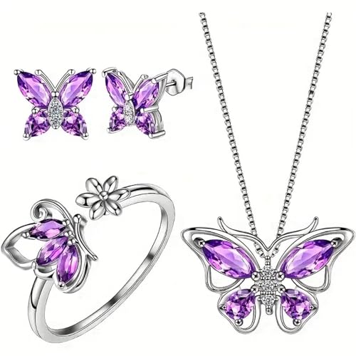 Anhänger Maritim Schmetterlingsschmuck für Damen, Schmetterlinge, Geburtsstein-Anhänger, Halskette/Ohrringe/Ringe, Hochzeitsgeschenk Halskette Alphabet (Purple, One Size) von Generisch