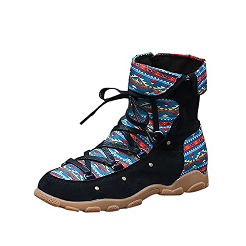Ankle Boots Damen Elegant - Stiefeletten Damen Elegant Flach Bedruckte Mit Schnürung Und Reißverschluss Trekkingstiefel Rutschfest Halbstiefel Fleece Gefüttert Stiefel Sportlich Kurzschaft Stiefel von Generisch
