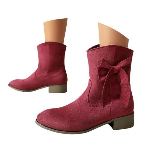 Ankle Boots Damen Herbstschuhe Leder Niedriger Absatz Schnürboots Flach Herbst Stiefel Wasserdichte Schuhe Winter Mit Reißverschluss Regenschuhe Stiefeletten Rot 43 von Generisch