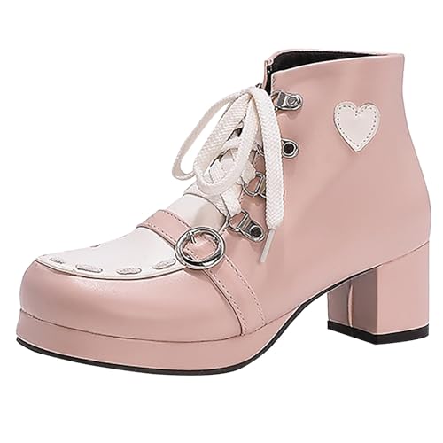 Ankle Boots Damen Mit Absatz Leder - Plateau Stiefeletten Damen Weit Mit Schnürung Schnallen Chelsea Boots Gothic-Stiefel Lolita Damenstiefel Cosplay Halbstiefel Lederstiefel Mokassins Schlupfstiefel von Generisch