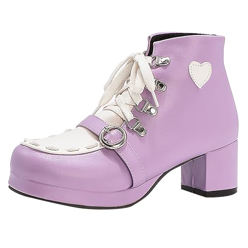 Ankle Boots Damen Mit Absatz Leder - Plateau Stiefeletten Damen Weit Mit Schnürung Schnallen Chelsea Boots Gothic-Stiefel Lolita Damenstiefel Cosplay Halbstiefel Lederstiefel Mokassins Schlupfstiefel von Generisch