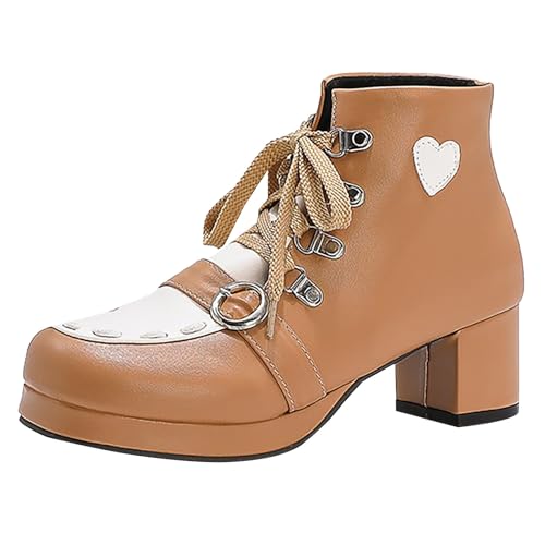Ankle Boots Damen Mit Absatz Leder - Plateau Stiefeletten Damen Weit Mit Schnürung Schnallen Chelsea Boots Gothic-Stiefel Lolita Damenstiefel Cosplay Halbstiefel Lederstiefel Mokassins Schlupfstiefel von Generisch