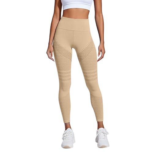 Anti Cellulite Leggings Damen Lang Blickdicht Kompressions Leggings Booty Lifting Shaping Yogahose Hohe Taille Fitness Sporthose Stretch Leicht Yoga Hose Bequem Pants Beige XL von Generisch