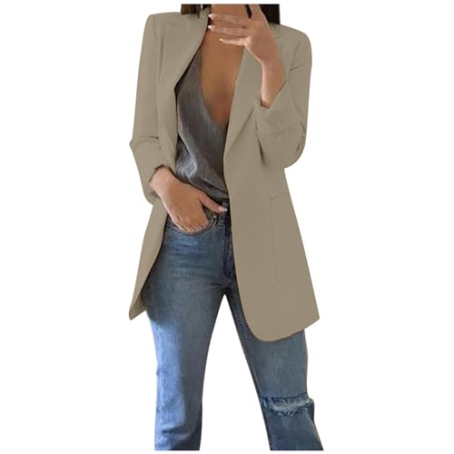 anzug damen sportlich, Blazer Damen Elegant Langarm Einfarbig Mantel Jacke Revers Geschäft Büro Anzugjacke Lang mit Tasche Sakko Anzug Business Longblazer Frühling Sommer Trenchcoat von Generisch