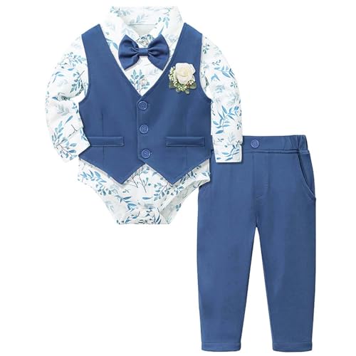 Anzug Junge 68 Baby Jungen Kleidung Anzüge Infant Gentleman Outfits Formelle Kleidung Hemd + Weste + Hose Baby Anzug Sets Kinder Anzug Hochzeit (Blue, 6-12 Months) von Generisch