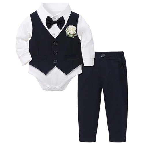 Anzug Junge Einschulung Baby Jungen Kleidung Anzüge Infant Smoking Gentleman Outfits Formelle Kleidung Hemd + Weste + Hose Baby Anzug Sets Baby Kurze Hose Jungen (Navy, 6-12 Months) von Generisch