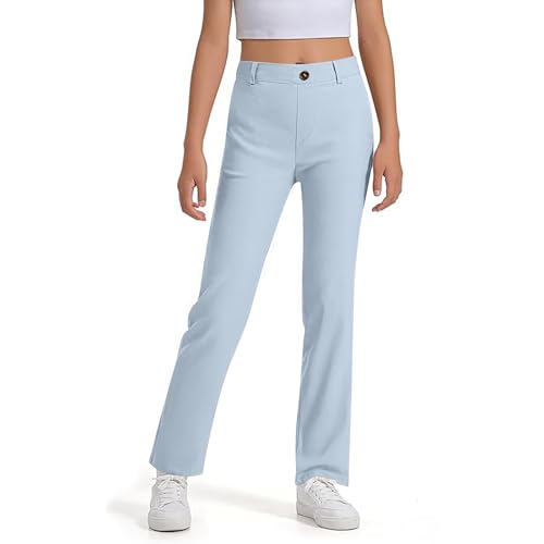 Anzughose Kinder Mädchen Stoff Business High Waist Uniformhose Anzug Hosen Mit Taschen Atmungsaktive Gerades Bein Elegant Stoffhose Leicht Mode Sporthose Bequeme Loungehose Light Blau 160 von Generisch