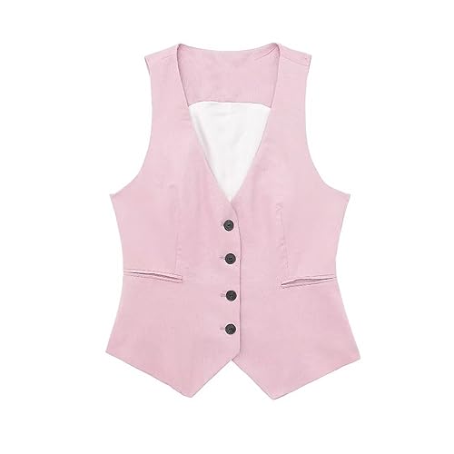 Anzugweste für Damen Leinen Damen-Weste Baumwolle Leinenweste Ärmellos V Ausschnitt Blazer Weste Business Elegant Knopfleiste Tank Tops Einfarbig Anzug Jacke mit Taschen Sommer-Weste von Generisch
