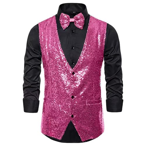 Anzugweste für Herren Glitzer Weste mit Fliege Set Ärmellos Anzugwesten V-Ausschnitt Blazer Pailletten Sakko Glänzende Herrenjacke Anzug Westen Karneval Kostüm für Hochzeit Party Festlich Disco Outfit von Generisch