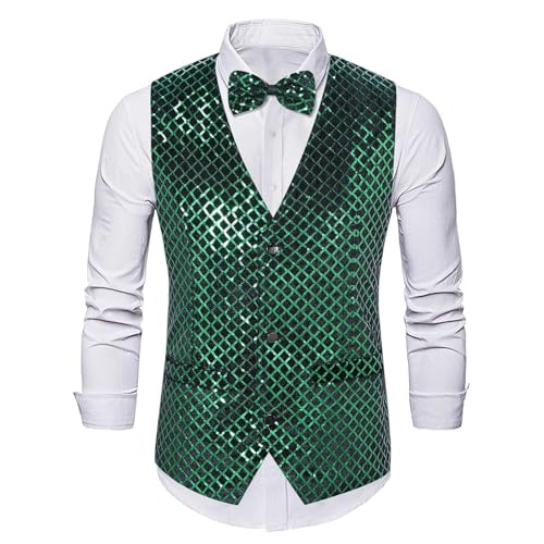 Anzugweste für Herren Glitzer Weste mit Fliege Set Ärmellos Anzugwesten V-Ausschnitt Blazer Pailletten Sakko Glänzende Herrenjacke Anzug Westen Karneval Kostüm für Hochzeit Party Festlich Disco Outfit von Generisch