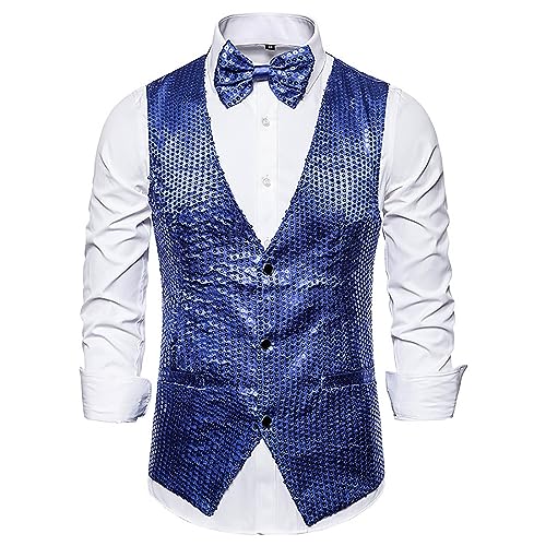 Anzugweste für Herren Glitzer Weste mit Fliege Set Ärmellos Anzugwesten V-Ausschnitt Blazer Pailletten Sakko Glänzende Herrenjacke Anzug Westen Karneval Kostüm für Hochzeit Party Festlich Disco Outfit von Generisch