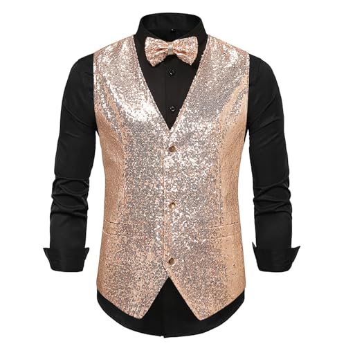 Anzugweste für Herren Glitzer Weste mit Fliege Set Ärmellos Anzugwesten V-Ausschnitt Blazer Pailletten Sakko Glänzende Herrenjacke Anzug Westen Karneval Kostüm für Hochzeit Party Festlich Disco Outfit von Generisch
