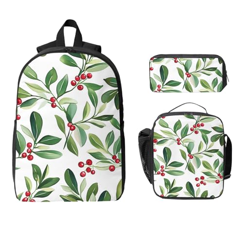 Aquarell-Mistelzweig-Rucksack-Set für Mädchen und Jungen, mit Lunchtasche, Federmäppchen, Weihnachten, 3-teilig, Schultaschen, isolierte Lunchbox, Geschenke für Damen und Herren von Generisch