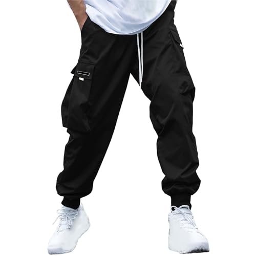 Arbeitshose Locker Herren, Cargohose Herren Mit Bändern, Freizeithose Baumwolle Chinohose Mit Gummizug Trainingshose Loose Fit Sommerhose Mit Vielen Taschen Sommerhose Einfarbig Sweathose von Generisch