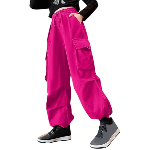 Arbeitshose Mädchen Baggy Weite Bein Cargo Lange Hosen Y2K Hip Hop Streetwear Jogginghose Elastisch Hohe Taille Parachute Hose Mit Gummizug Track Pants Fallschirmhosen Hot Pink 150 von Generisch
