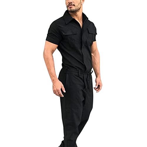 Arbeitsoverall Kurzarm Overall Herren, Einfarbige Kurzarm-Hose Für Herren Arbeitskleidung Mit Elastischem Bund Schwarz Stretch Latzhose Lockere Passform Body Bodysuit Erwachsene Strampler Pyjama von Generisch