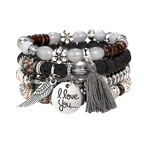 Armbänder für Frauen Stapelbare Armreifen Perlen Multilayer Sets 4 Strang Armbänder Armbänder Funkuhr Herren Armbanduhr (Grey, One Size) von Generisch