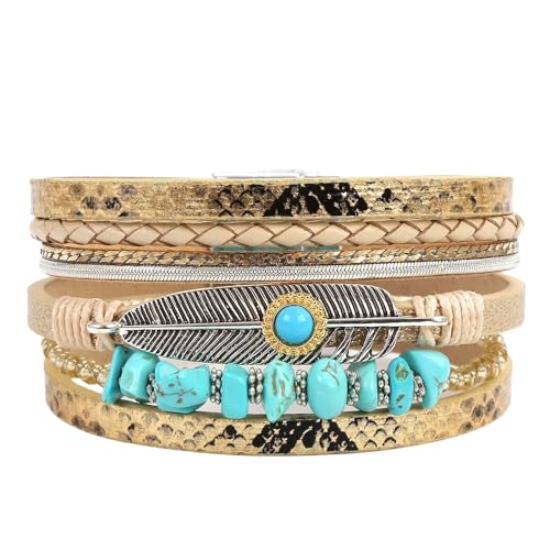 Armbänder für Herren,Boho-Lederarmband Unisex Mehrlagig Klassisch Handgefertigt Geflochten Breites Armband mit Breitem Magnetischem Türkisfarbenem Feder-Manschettenarmreif für Damen und Herren S Armbänder für Herren,Boho-Lederarmband Unisex Mehrlagig Klassisch Handgefertigt Geflochten Breites Armband mit Breitem Magnetischem Türkisfarbenem Feder-Manschettenarmreif für Damen und Herren S von Generisch