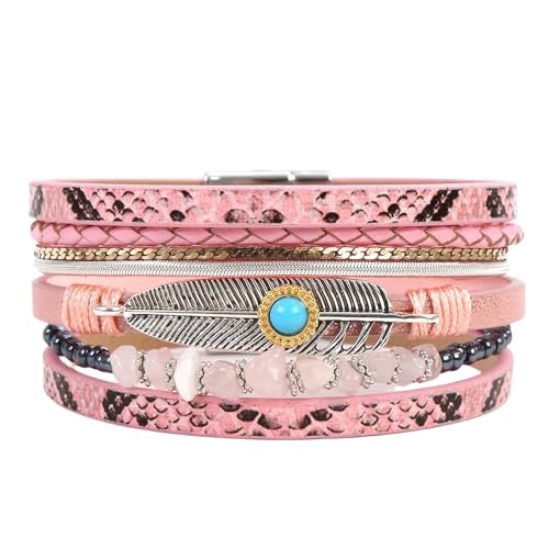 Armband Herren,Boho-Lederarmband Unisex Mehrlagig Klassisch Handgefertigt Geflochten Breites Armband mit Breitem Magnetischem Türkisfarbenem Feder-Manschettenarmreif für Damen und Herren Schmuck G von Generisch