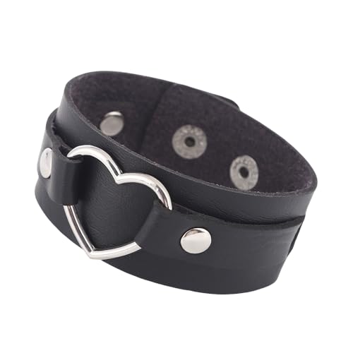 Armband Herren,Paar-Lederarmbänder Herz Breite Armbänder Unisex mit Druckknopf Verstellbar Punkrock Gothic Wickelarmband Armreif für Damen und Herren Schmuck Geschenk Schwarz von Generisch