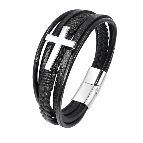 Armband Herren Leder,Handgefertigtes Geflochtenes Mehrlagiges Kreuz-Lederarmband, Silbernes Seilarmband Mit Magnetverschluss, Schmuck Aus Echtem Leder, Geschenk Für Männer Und Frauen, 23 Cm von Generisch