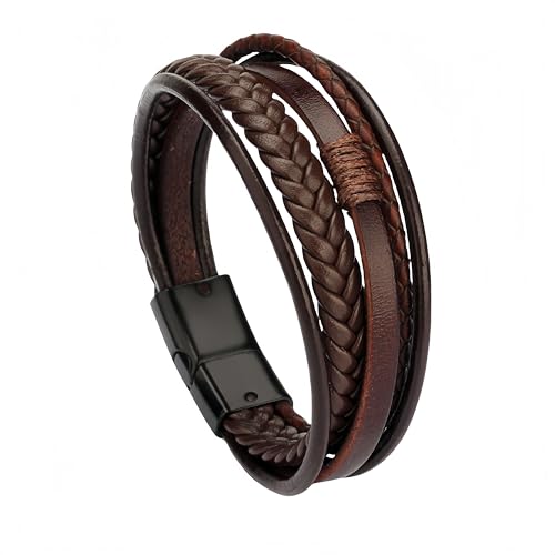 Armband Herren Leder,Lederarmband Für Herren, Braunes Leder Mit Schwarzem Magnetverschluss, Mehrlagiges Handgeflochtenes Seilarmband,Glücksschmuck, Geschenk Für Männer, 23 Cm von Generisch