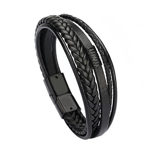 Armband Herren Leder,Lederarmband Für Herren, Schwarzes Leder Mit Magnetverschluss, Mehrlagiges, Handgeflochtenes Seilarmband, Lederarmband, Glücksschmuck, Geschenk Für Männer, 21 Cm von Generisch