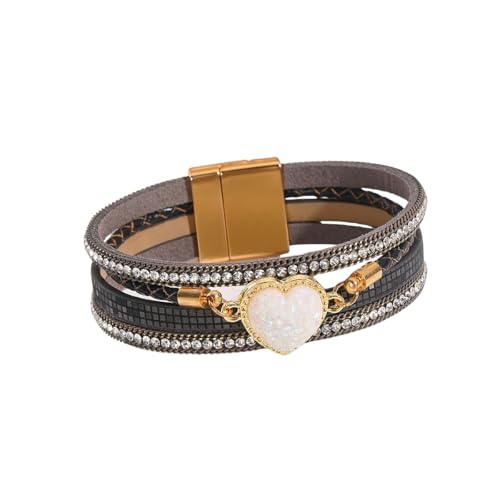 Armband Leder Herren,Handgewebtes Mehrschichtiges Modisches Böhmisches Lederarmband Mit Herzförmigen Kristallperlen Und Magnetischer Schnalle, Energieschmuck Für Frauen, Rosa von Generisch