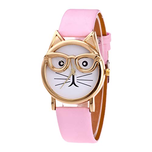 Armbanduhr Herren Zifferblatt Armband Katze Quarzuhr Geschenk mit Brille Schöne Damenuhr Armbanduhren Noten (Pink, One Size) von Generisch