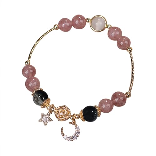 Armkette Herren Silber Mit Gravur Mode Naturstein verkrustete Stern und Mond Armband Temperament Design Schmuck Modetrend Design Armband Retro Temperament Armbanduhr Holz (Pink, One Size) von Generisch