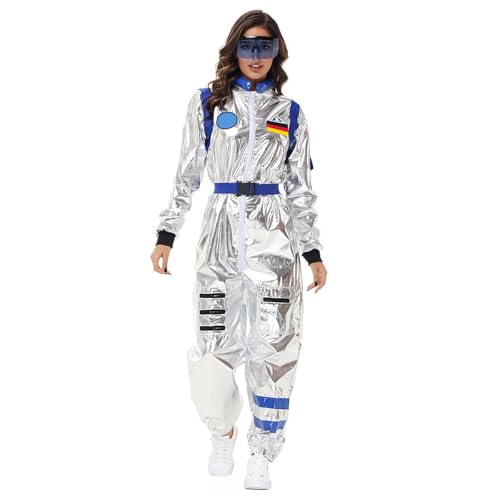 Astronaut Kostüm Damen Silber Weltraum Kostüm mit Brillen Faschingskostüme Frauen Astronaut Overall Space Anzug Weltall Astronautenkostüm Erwachsene Raumfahrer Costume für Cosplay Halloween Karneval von Generisch