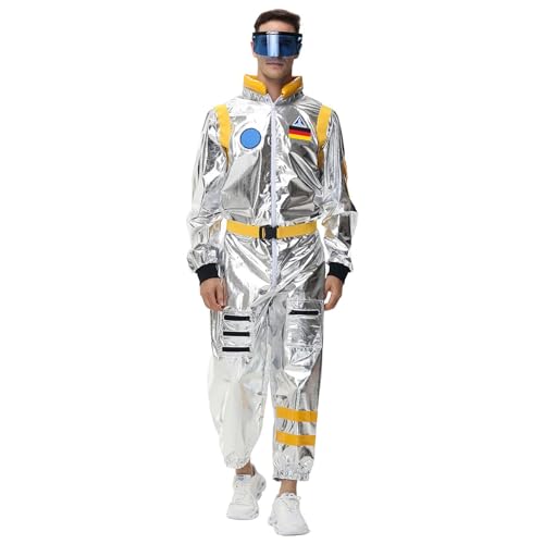 Astronaut Kostüm Herren mit Space Brille Silber Astronautenkostüm Overall Weltall Kostüm Raumfahrer Costume Spaceman Anzug Rave Outfit Weltraum Halloween Karneval Faschingskostüme Mottoparty von Generisch