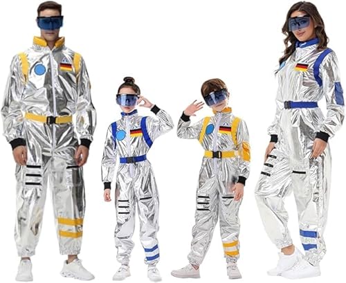 Generisch Astronauten Kostüm Damen Astronaut Familie Set Kinder Herren Silber Astronautenkostüm Overall Outfit mit Space Brille Karneval Faschingskostüme Weltraum von Generisch