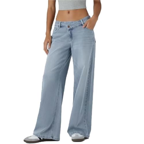 Asymmetrical Low-Rise Loose Jeans for Women, Wide Leg Baggy Straight Boyfriend Denim Pants Washed Casual Streetwear von Generisch