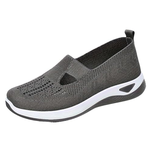 Atmungsaktive Damen-Turnschuhe zum Reinschlüpfen mit Fußgewölbeunterstützung, leichte Luftkissen-Wanderschuhe, Mesh-Strick-Komfort-Slipper für Damen, rutschfeste stoßdämpfende Sohle, grau, 40 EU von Generisch