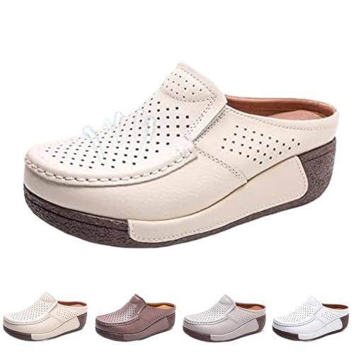 Atmungsaktive Pantoletten für Damen, Leder, Rocker-Sohle, leger, ausgehöhlt, rutschfest, Fußgewölbeunterstützung, Schlupfschuhe und Pantoletten, Arbeitsschuhe, Sandalen, beige, 38.5 EU von Generisch