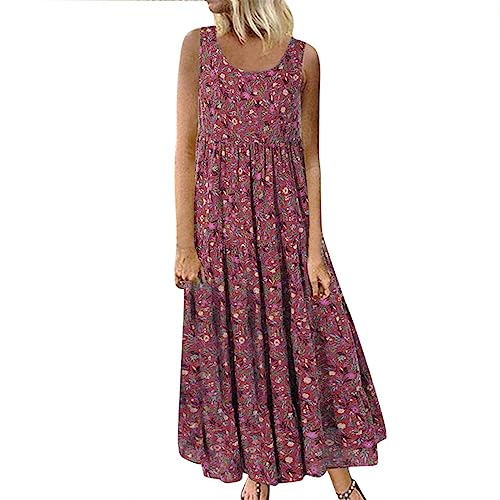 Ausgehkleider für Damen, Sommer, gesmokte Rüschen, fließend, elegant, Blumendruck, Boho-Maxi-Cocktailkleid, Strandkleid, Urlaub, Sommerkleid, ärmellos, locker, schwingender Sonnenkleid, 02#wine, L von Generisch