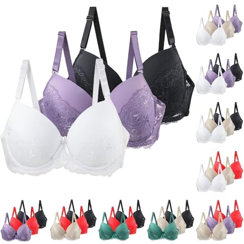 BH Damen mit Bügel 3er Pack Klassische Set Komfort Nahtlos Push Up Spitzen-BH Sport BH mit Verstellbarem Bustier Starker Halt Trainings Schlaf BHS Große Brüste Unterwäsche Gepolstert für Alltag Yoga von Generisch