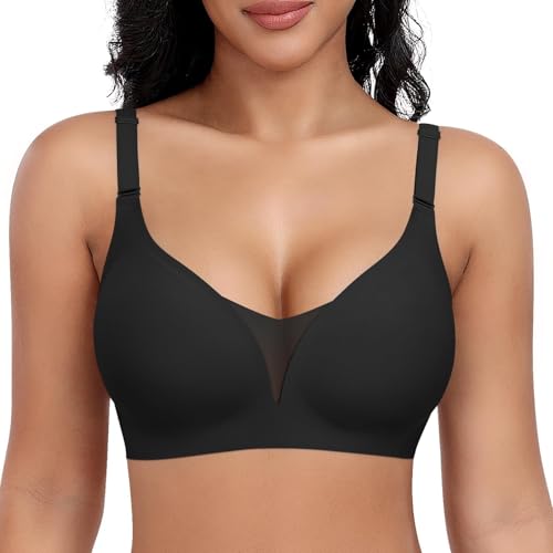 BH Damen ohne Bügel Große Brüste Starker Halt Push Up Tiefer V BH ohne Buegel Seamless Bequem Klassische Soft Nahtloser Bügelloser T Shirt Bra Gepolstert Mesh Bralette von Generisch